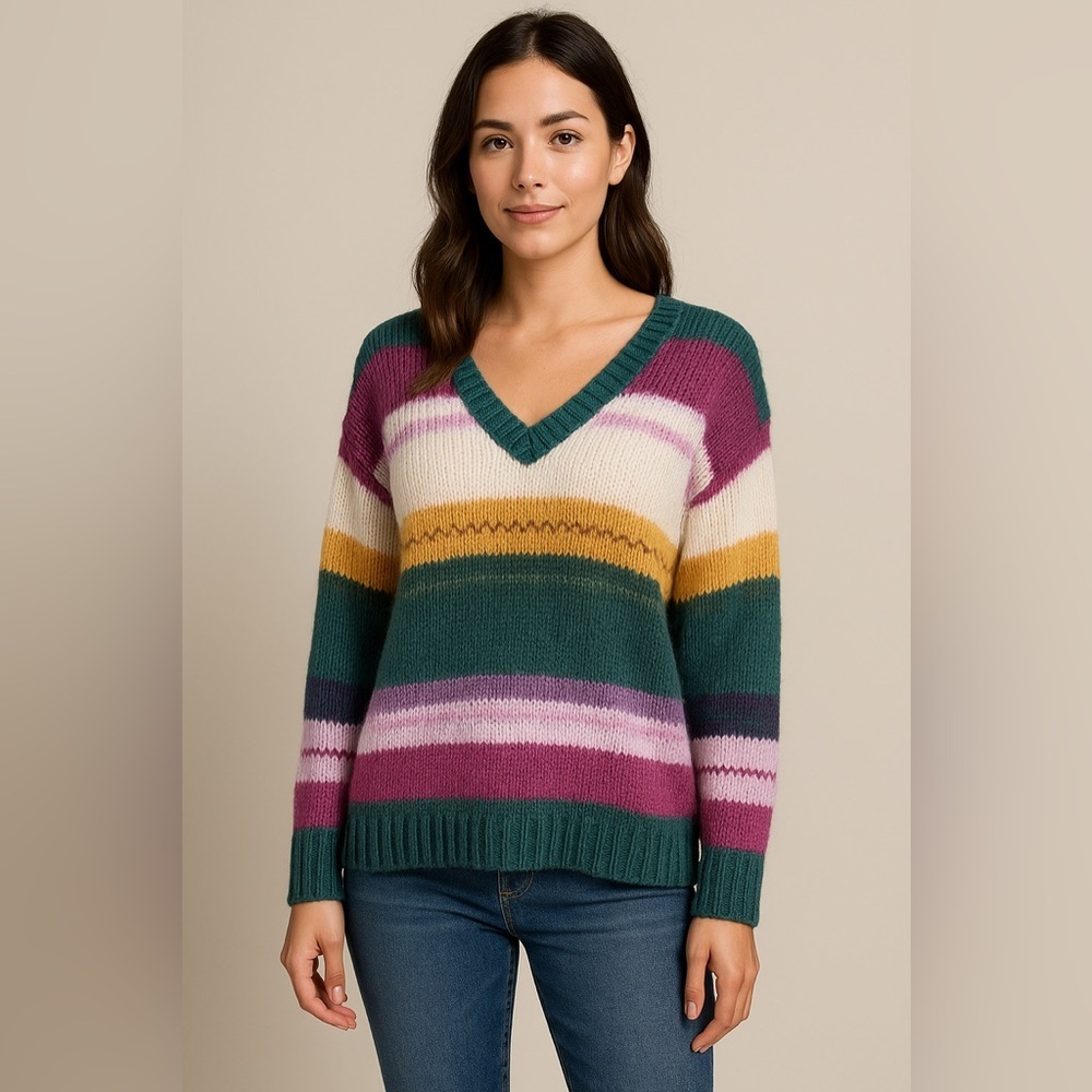 Caslon Striped V-Neck Knit Sweater Womens XS Colorblock Pullover Coastal Preppy